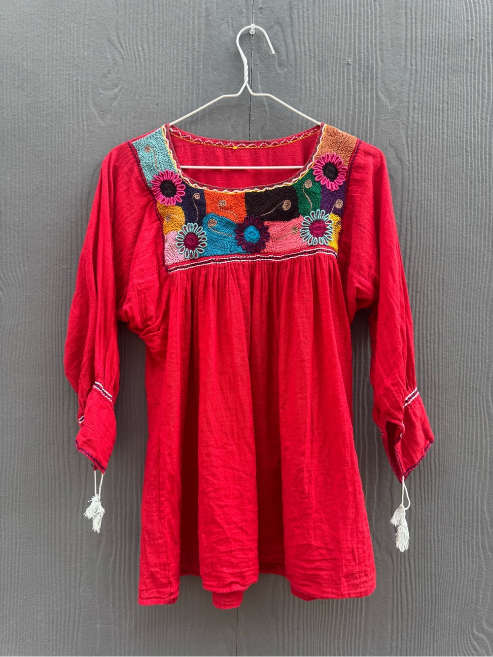 Handmade Vintage Red Embroidered Mexicana Tunic Size SM/MD